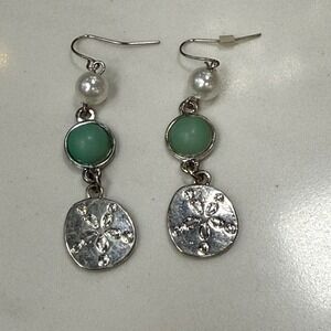 Sand Dollar Dangle Drop Earrings Faux Pearl Green Stone Silver Tone